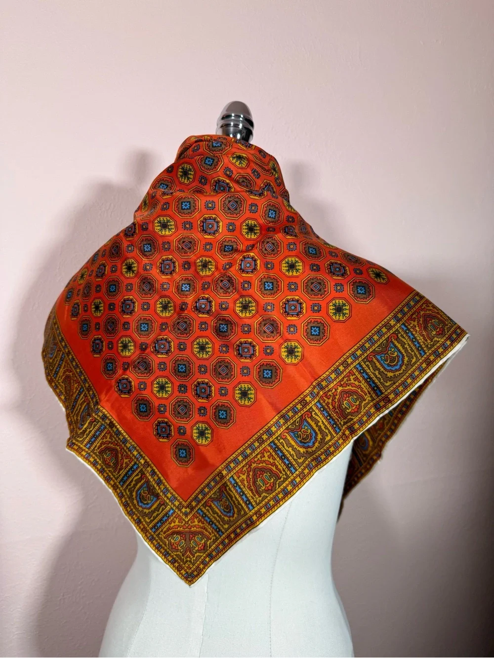 Vintage Art deco burnt orange blue geometric modernist square scarf